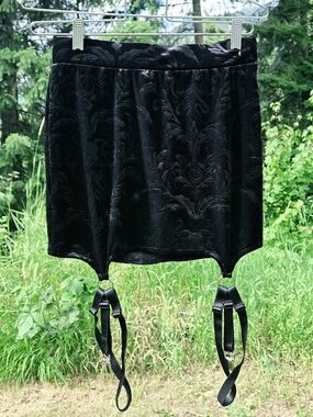 Black Embossed Velvet Damask Garter Mini Skirt